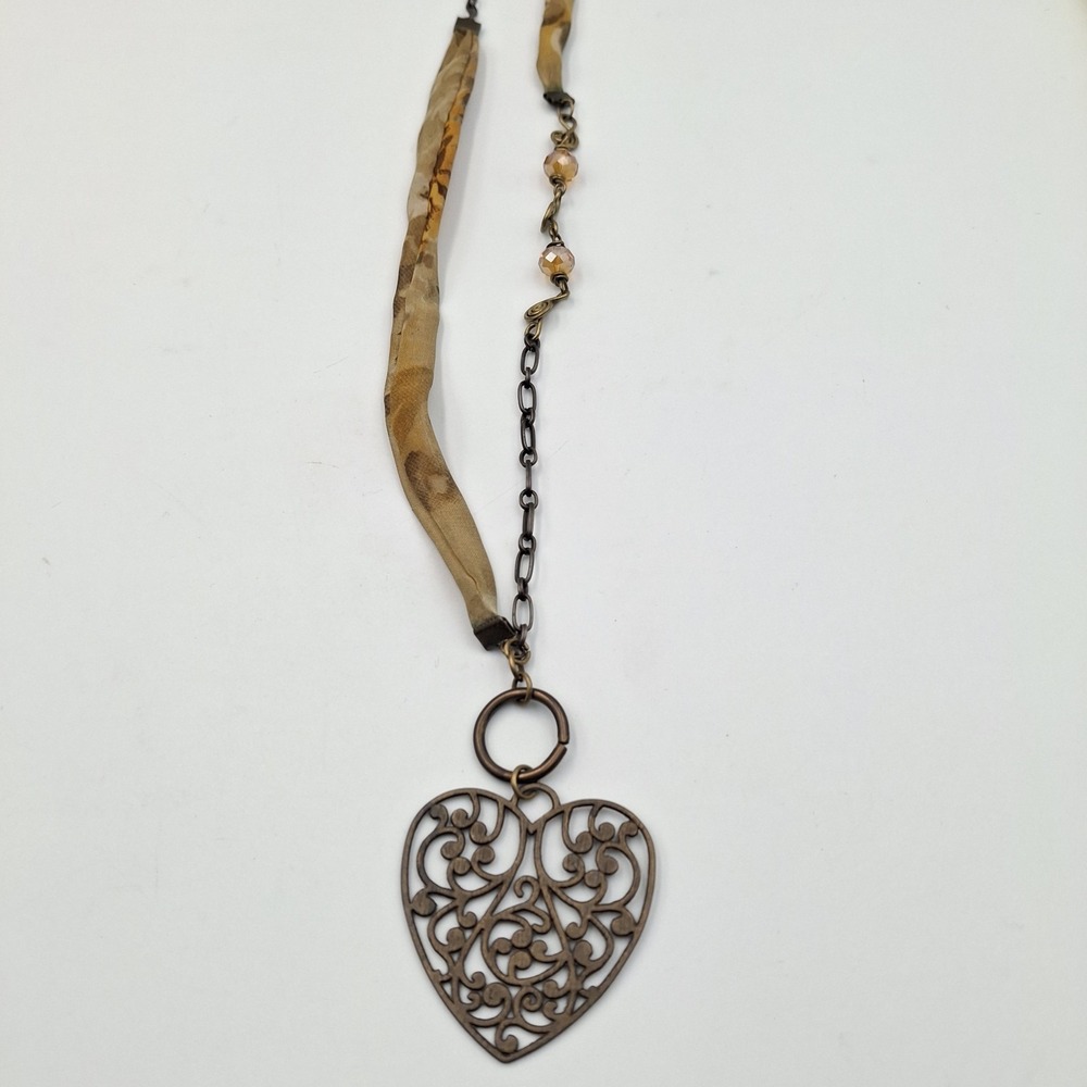 Boho Brass Heart Filigree Necklace Asymmetric Ribbon & Chain - Vintage Style
